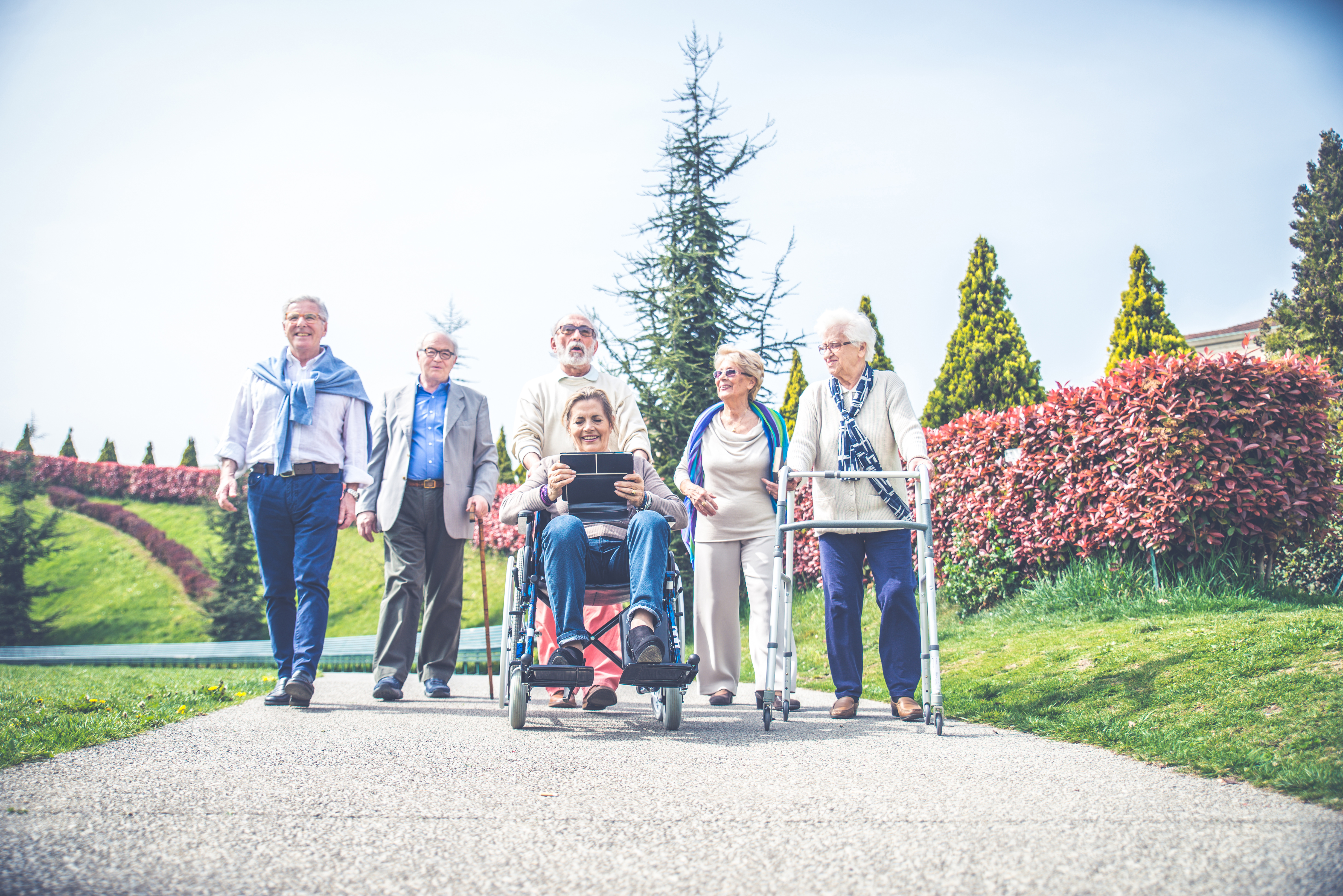 A group of people using wheelchairs, walking frames, and walking sticks on a path together in a park